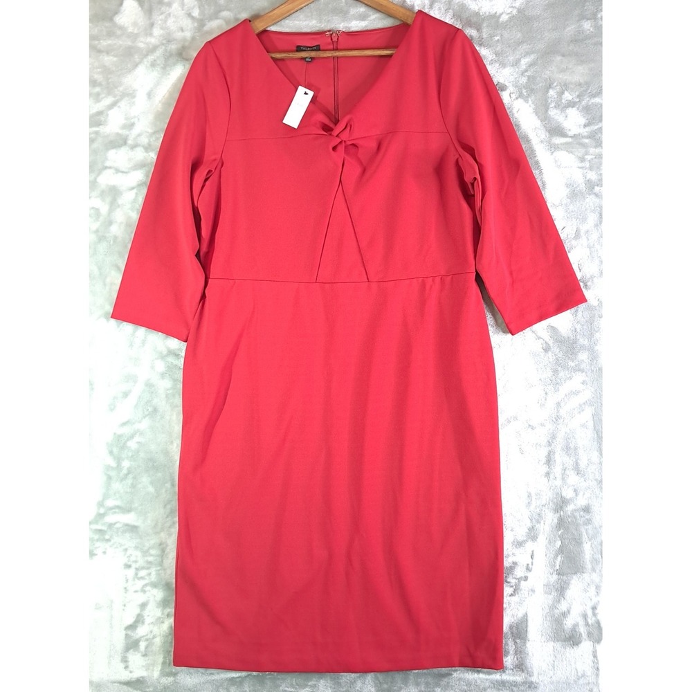Talbots Twist Front V-Neck Sheath Dress Coral Red Pink 3/4 Sleeve Size 16P VN259